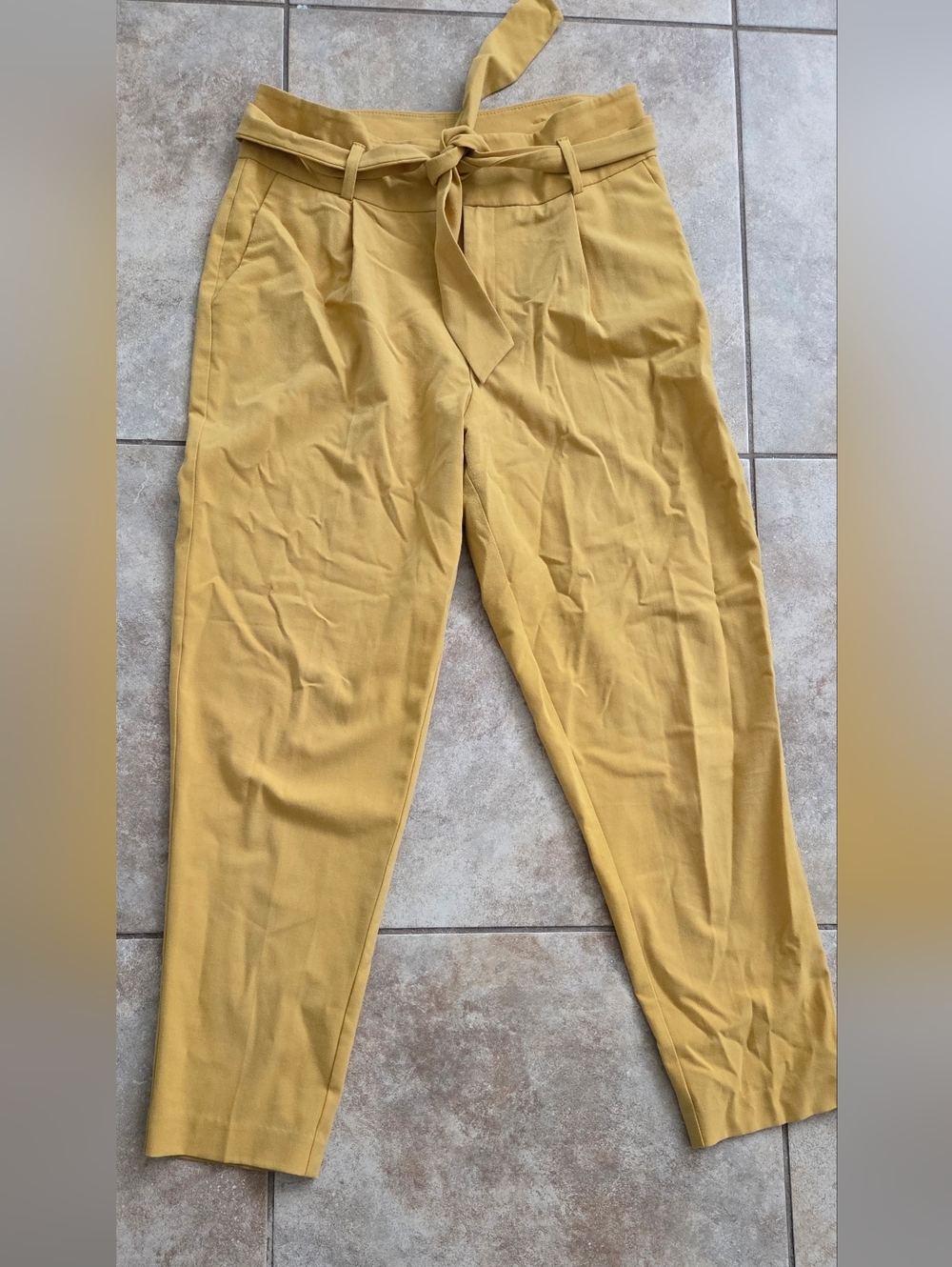 High-Waist Tie Belt Women's Pants - Mustard Yellow